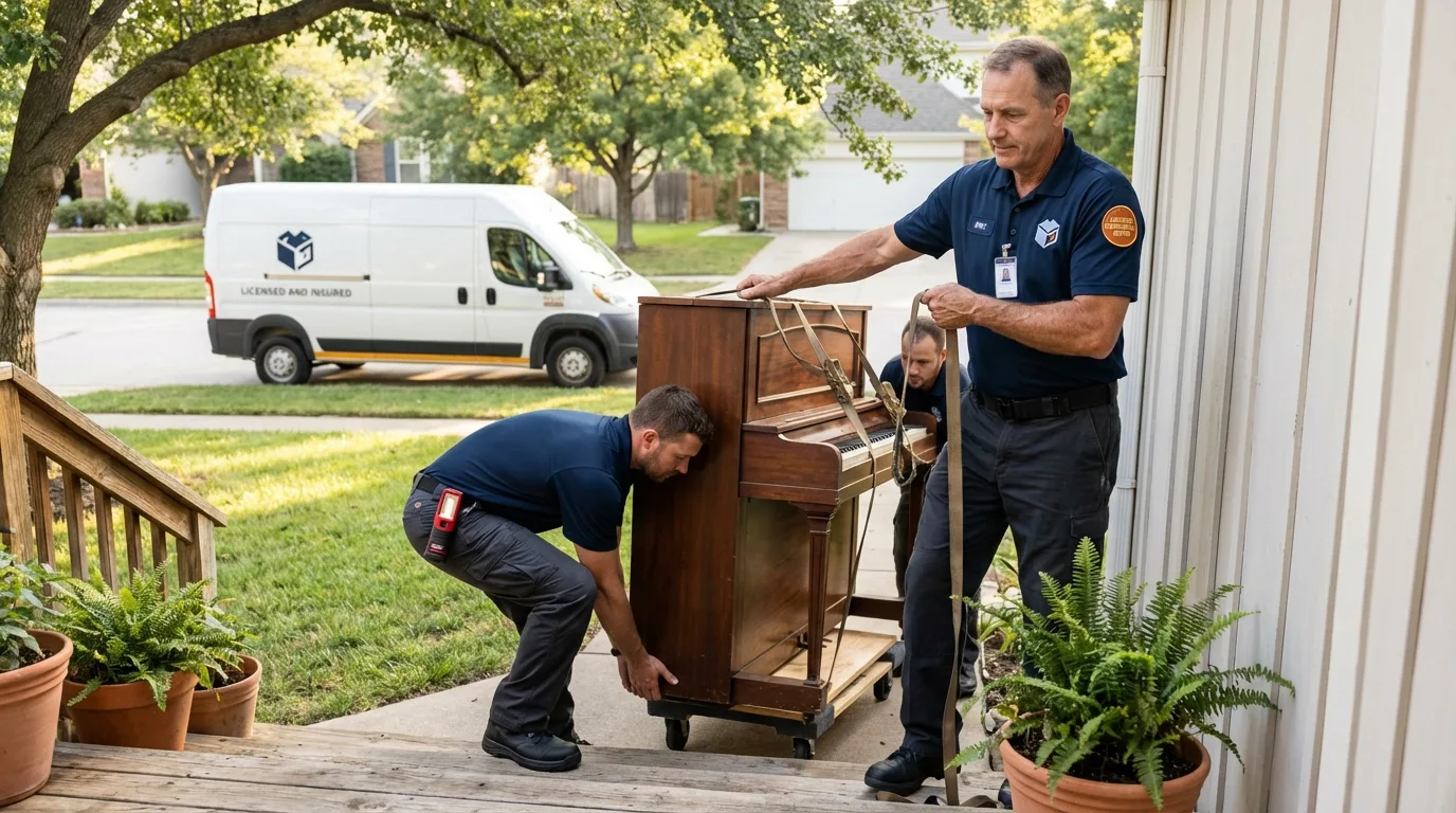 Licensed piano movers securing grand piano in Parachute, CO
