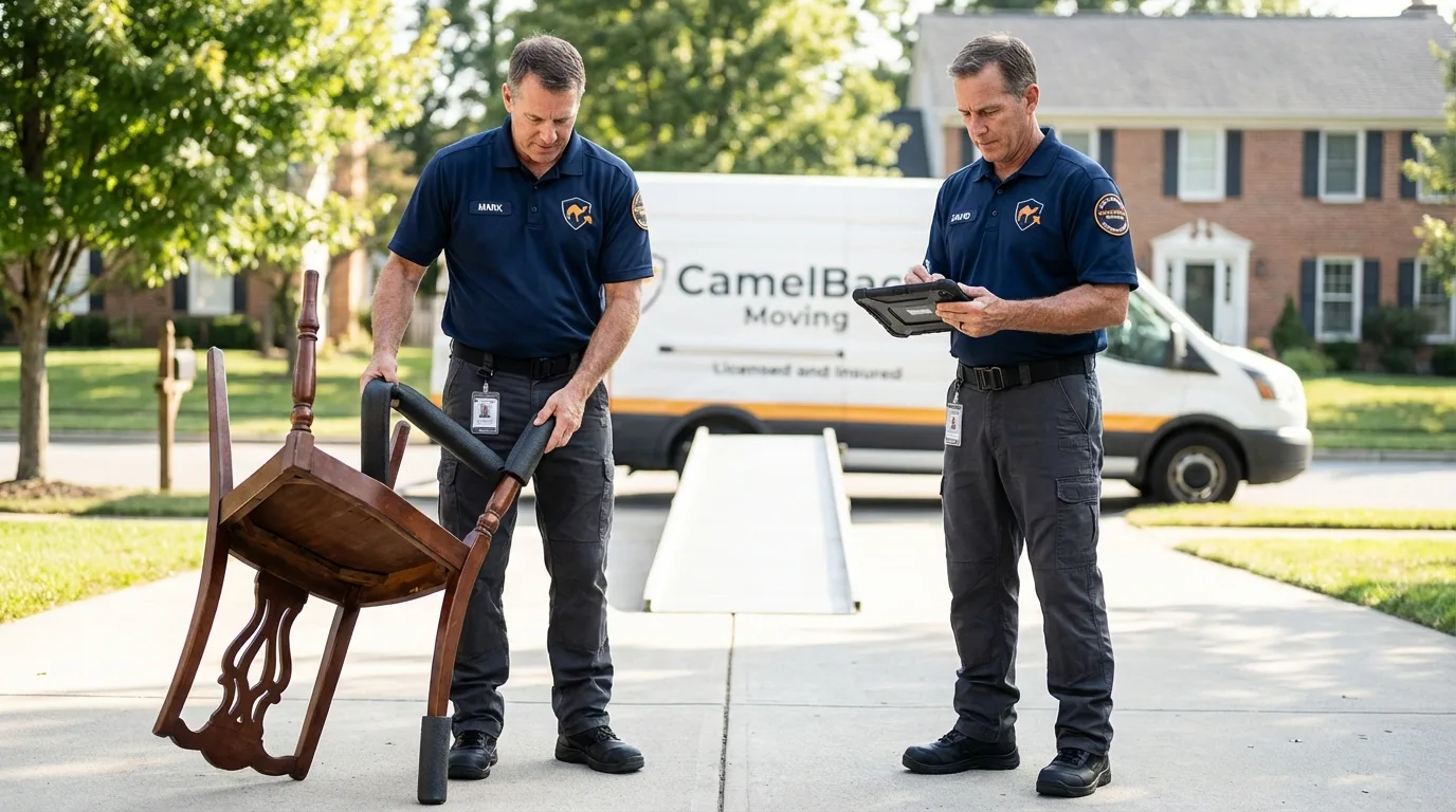 Movers inspecting furniture for damage prevention before loading in Parachute, CO