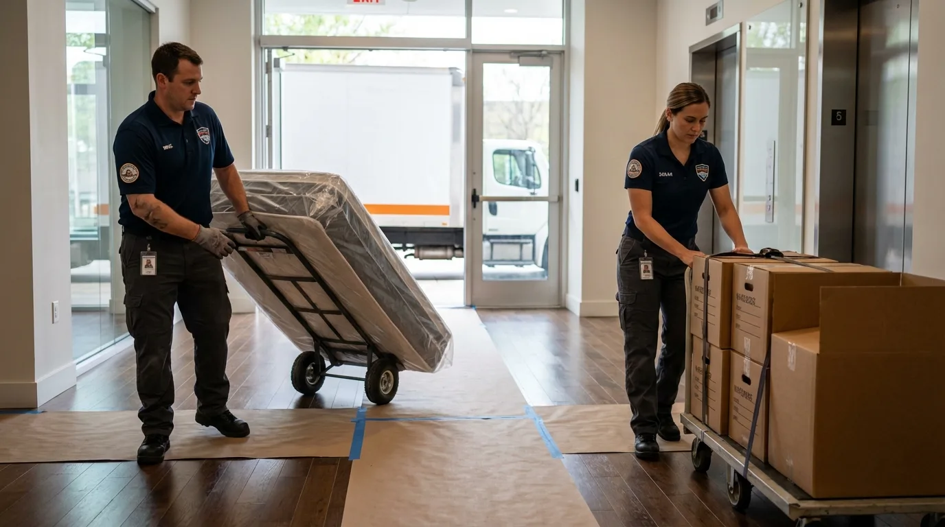 Professional apartment movers loading elevator in Parachute, CO
