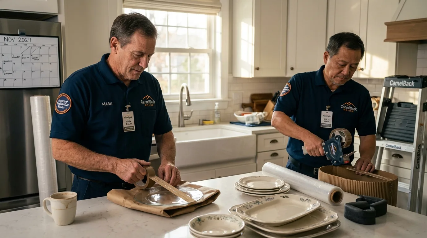 Professional crew packing kitchen dishware in Parachute, CO